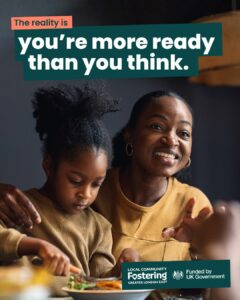 branded image featuring a woman sat at a table with their foster child on their lap. The image also includes the text "The reality is you're more ready thank you think"